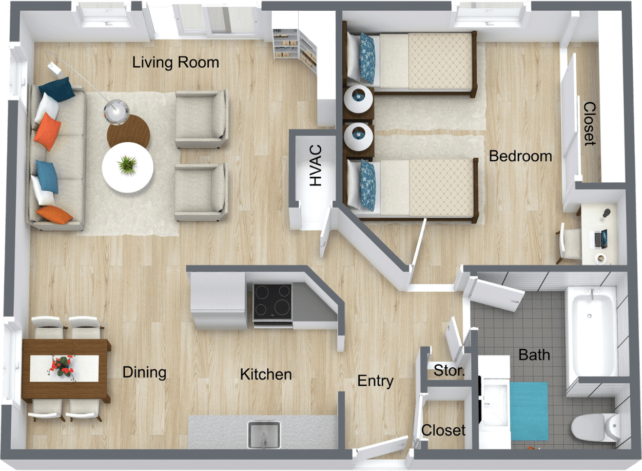 1 Bedroom, 1 Bath – 660 sq ft