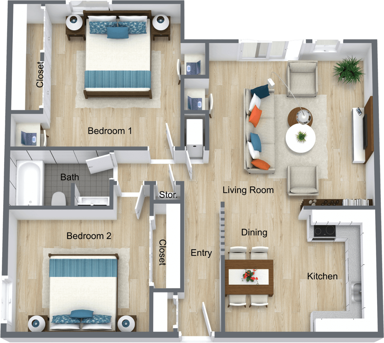 2 Bedroom, 1 Bath – 820 sq ft